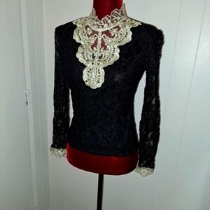 Elegant Black Lace Top with Cream Accents